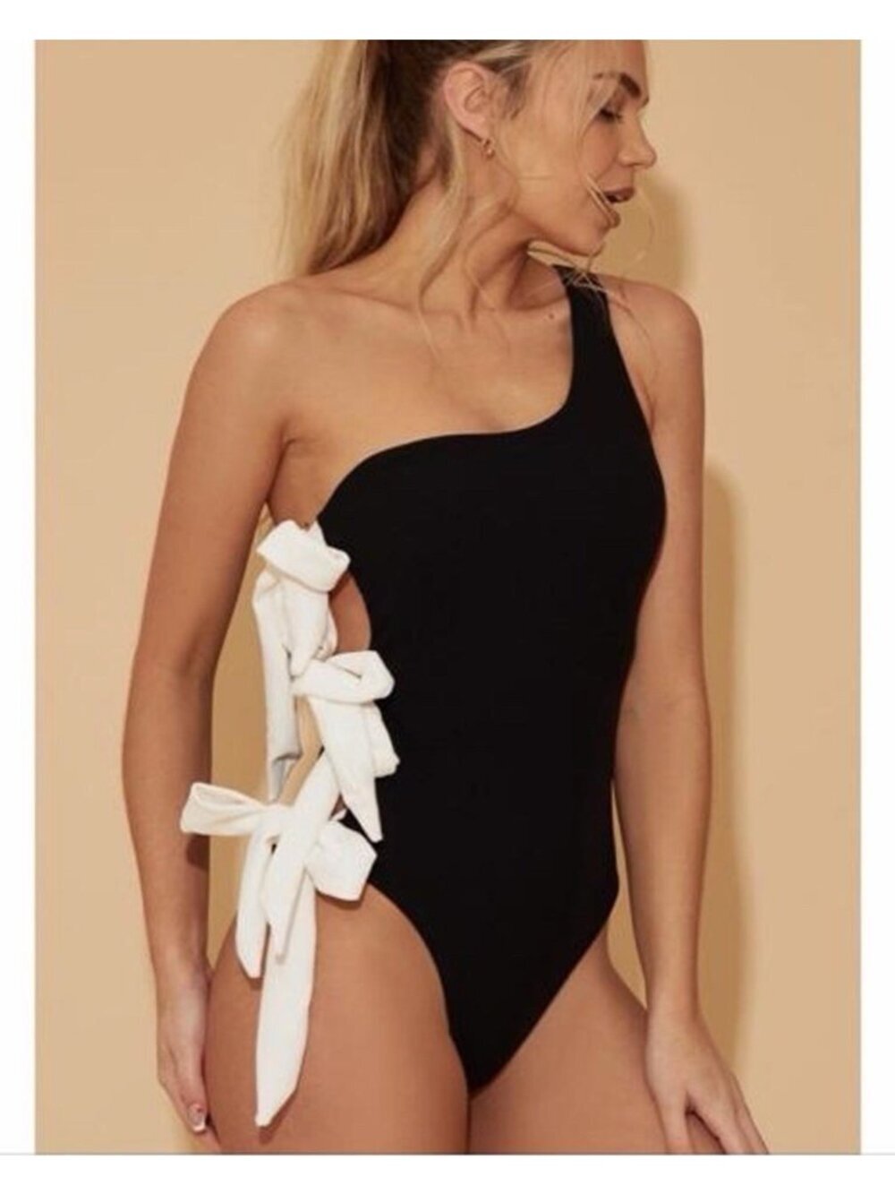 Sol + Sorbet Miami One Shoulder One Piece Swimsuit S Black White Bow Ruffle Tie